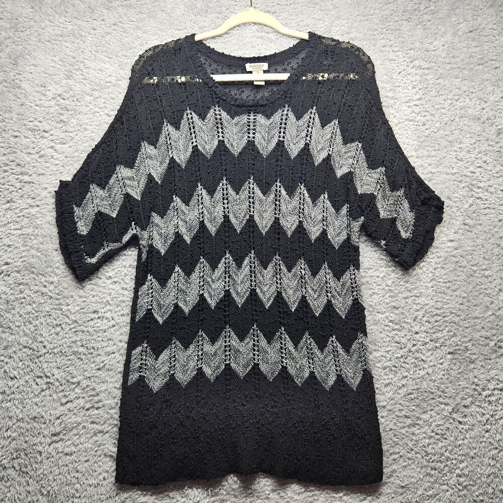 Chico's Easywear Black Chevron Crochet Knit Tunic Size 2 Large Sweater Neutral